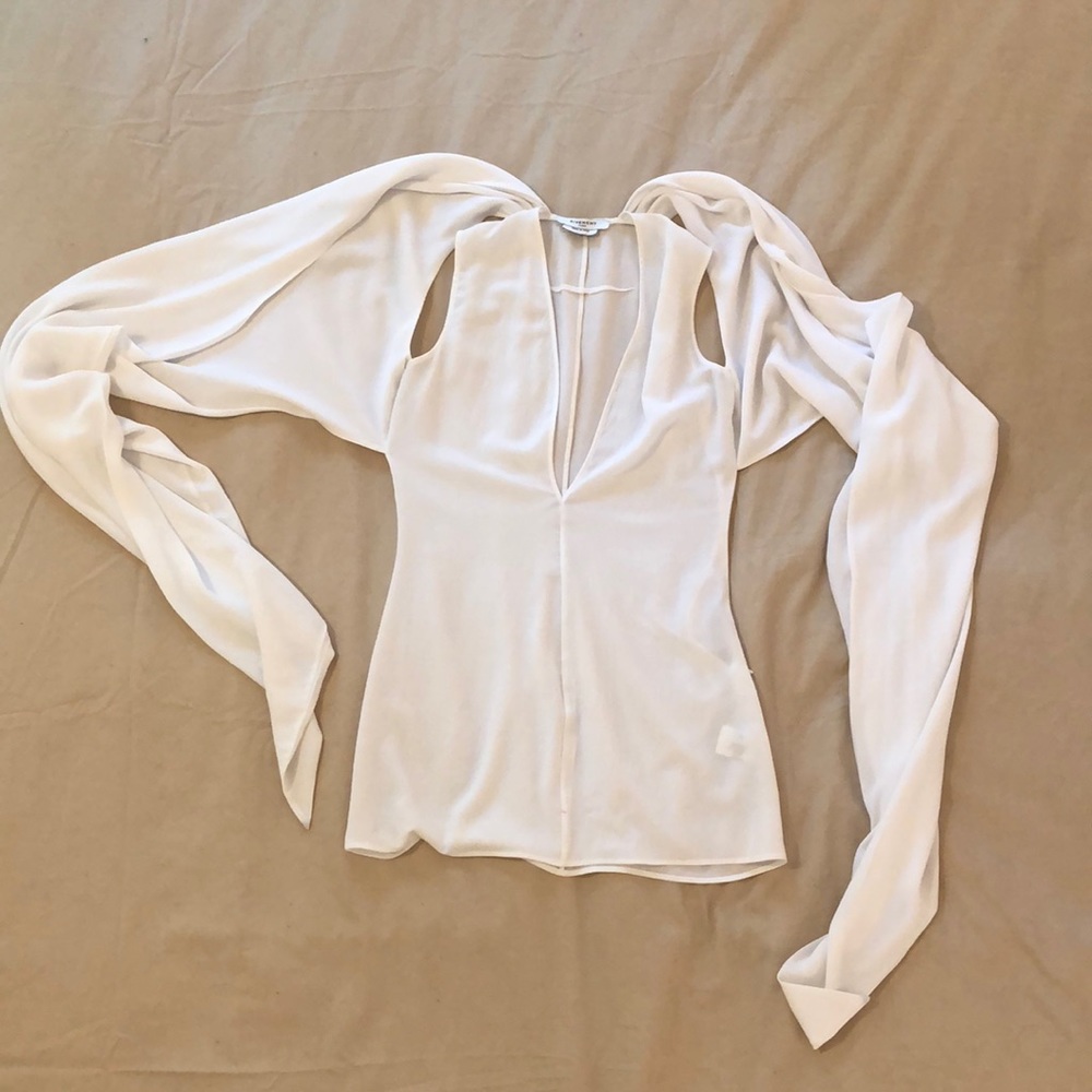 Givenchy white blouse size 36 zip side and long front scarf 100% polyester
